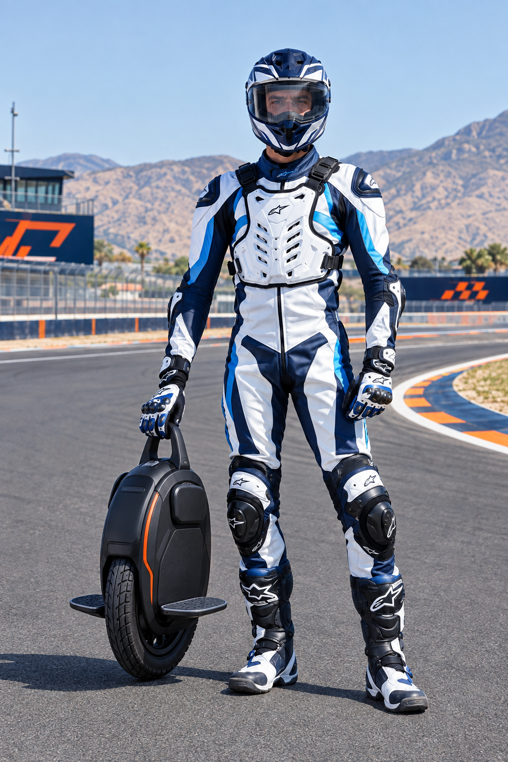 Rider de iniciación con equipación técnica completa y monociclo eléctrico compacto en circuito